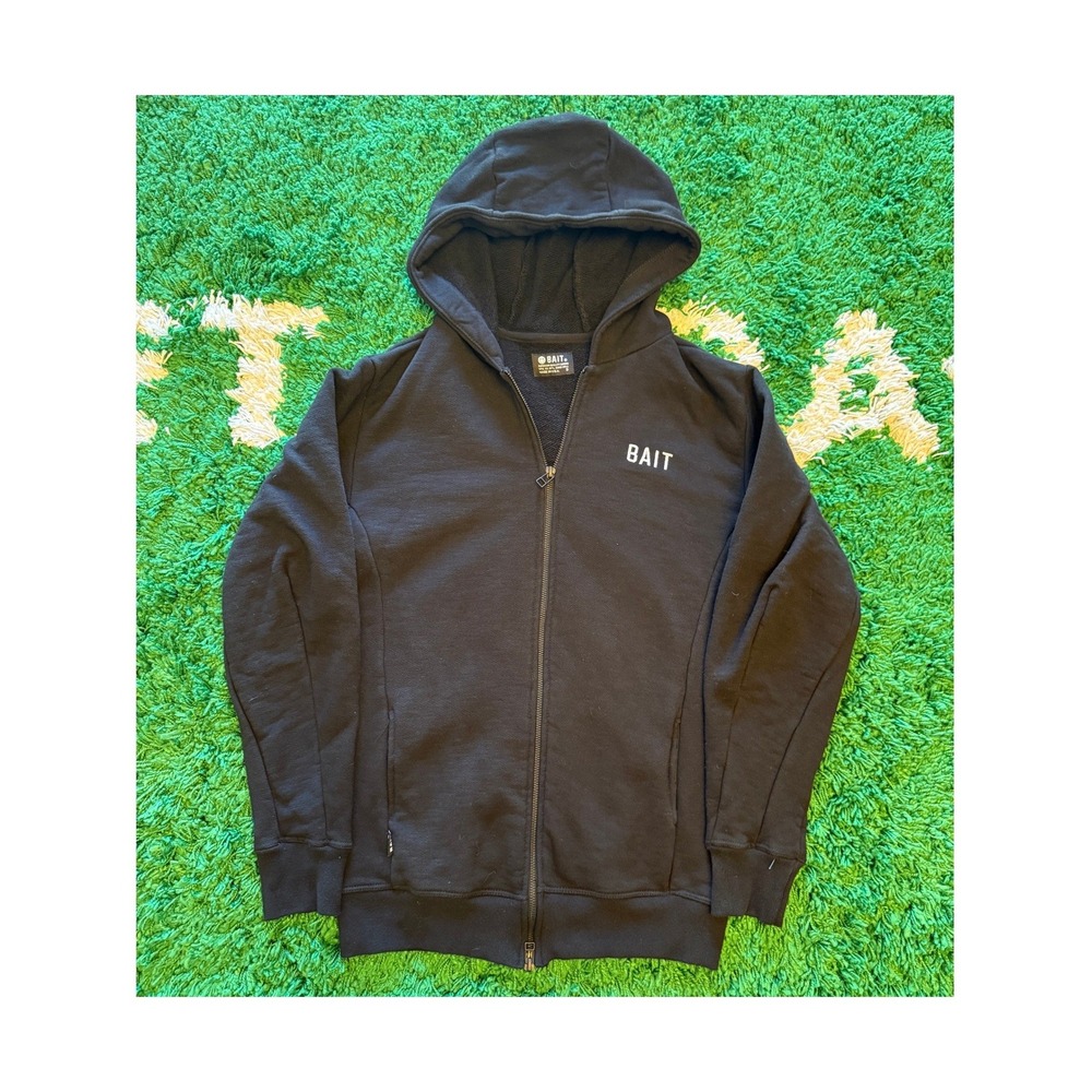 BAIT Zip Up Hoodie Mens Small Black Excellent Embroidered Logo Made in USA‎